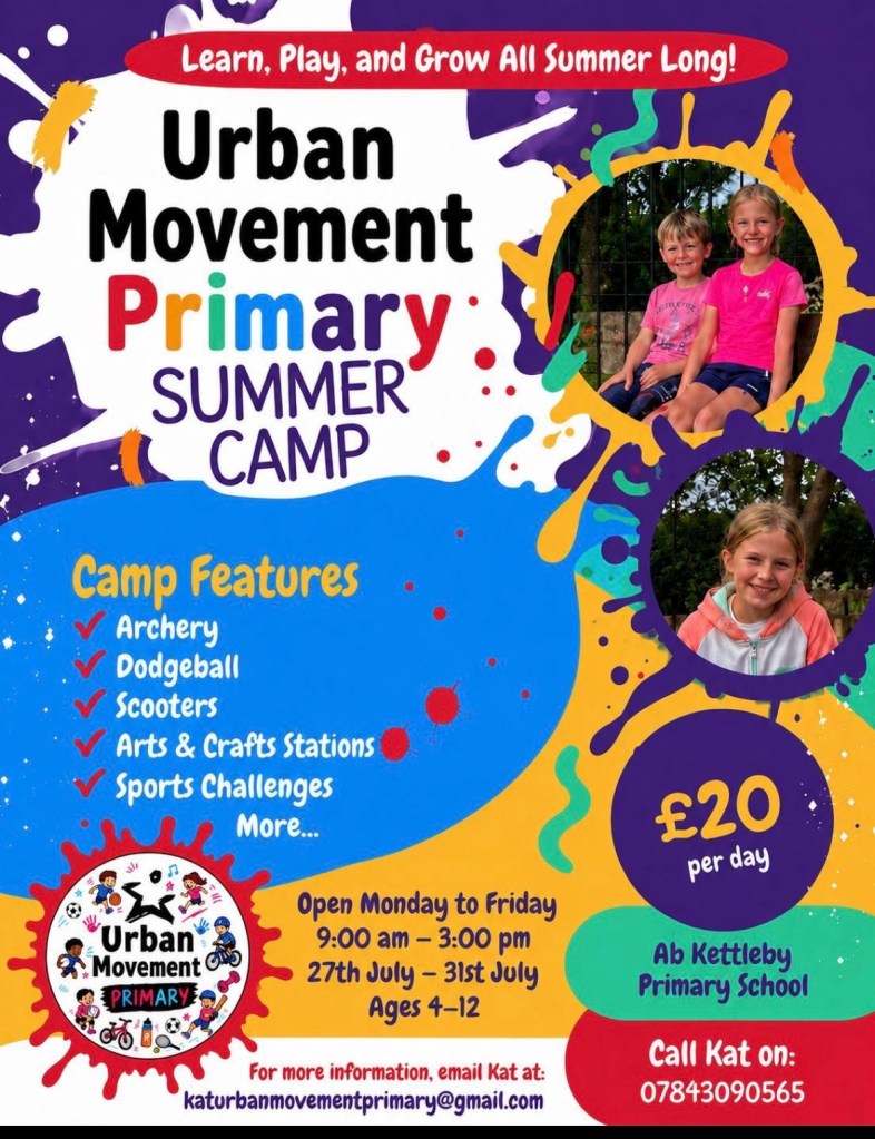 Urban Movement Primary Summer Camp flyer. Learn, Play, and Grow All Summer Long. Camp features: archery, dodgeball, scoote...