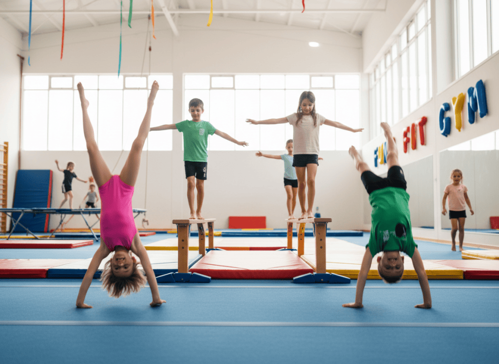 Children doing gymnastics in a bright gym, performing cartwheels and balancing on beams, colourful and energetic, fun kids sport activity photo