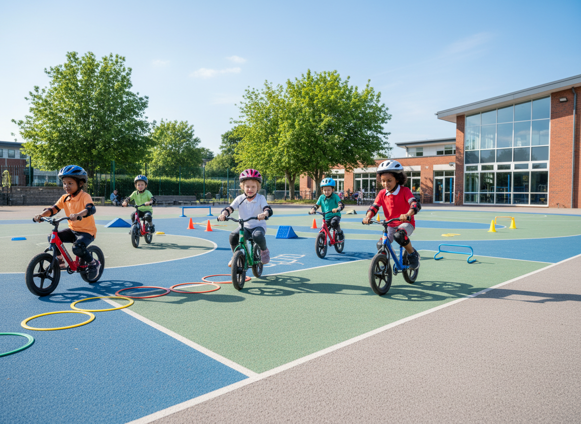 Wide-angle photo of UK primary school-aged children riding balance bikes in a bright school playground, cones and simple obstacles, daytime, energetic but not cluttered, suitable for a school sports website