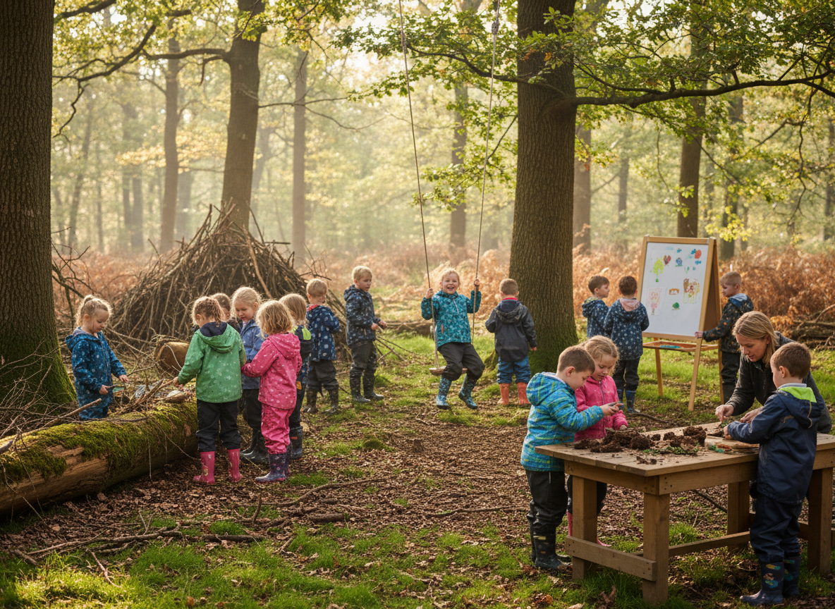 Children playing and learning in a forest school setting, outdoors among trees, natural woodland environment, primary school age kids engaged in fun activities, bright natural light, realistic photo style