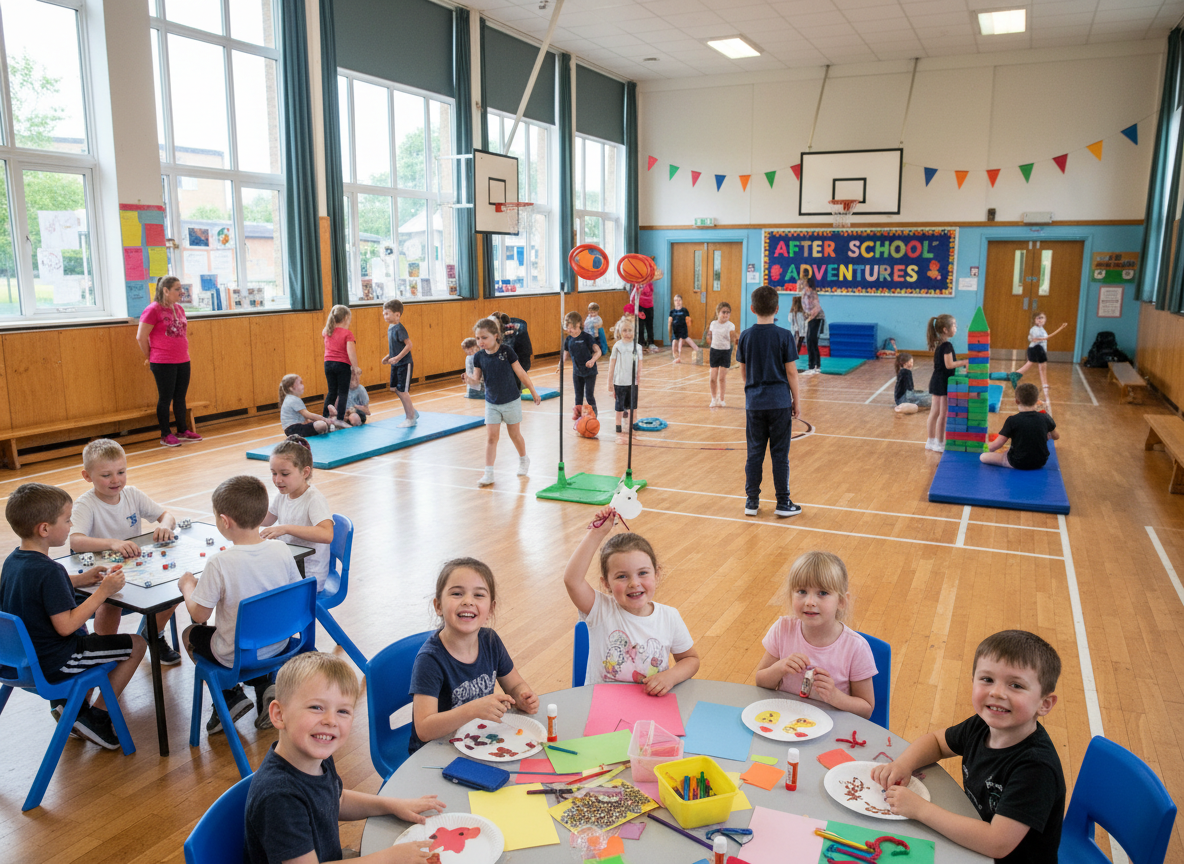 UK primary school-aged children in an after-school club setting, doing various activities such as sports, crafts, or games in a classroom or gym environment, energetic, fun, and engaging for elementary school kids